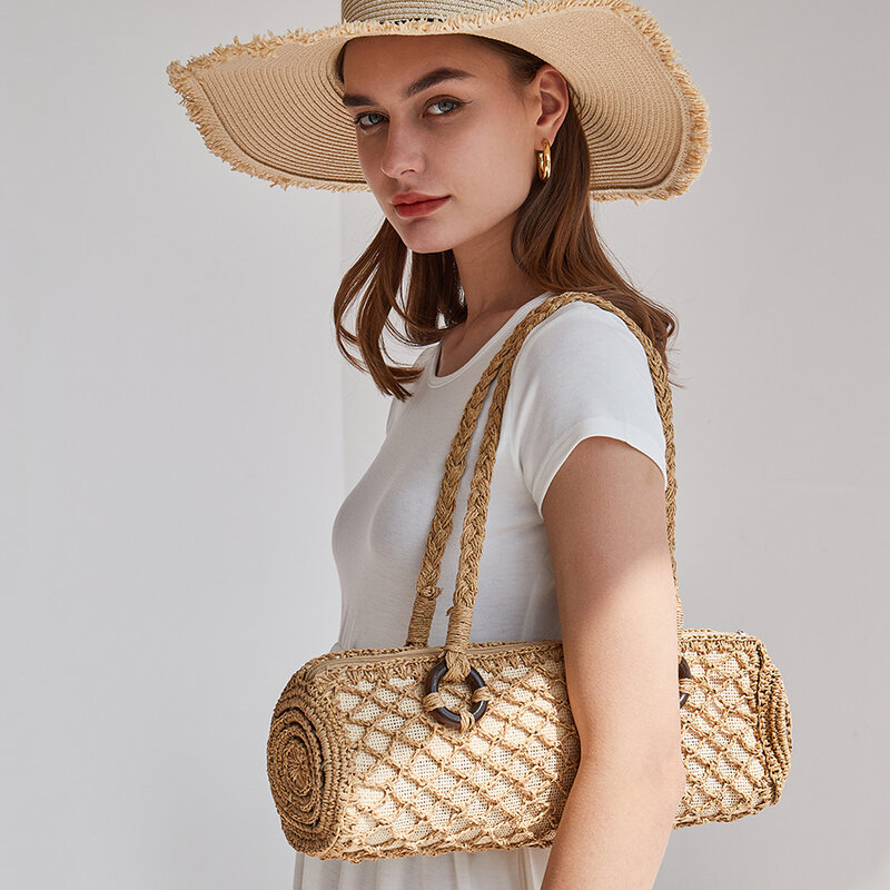 Bolsa de ombro feminina com alça superior, bolsa longa, praia e férias, réplica lux em forma de log, verão, 2023