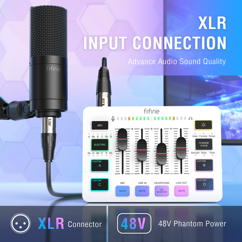 FIFINE-mezclador USB para juegos con 4 canales, interfaz de micrófono XLR, RGB, mezclador de sonido para juegos, Podcast, Streaming, AmpliGame SC3W