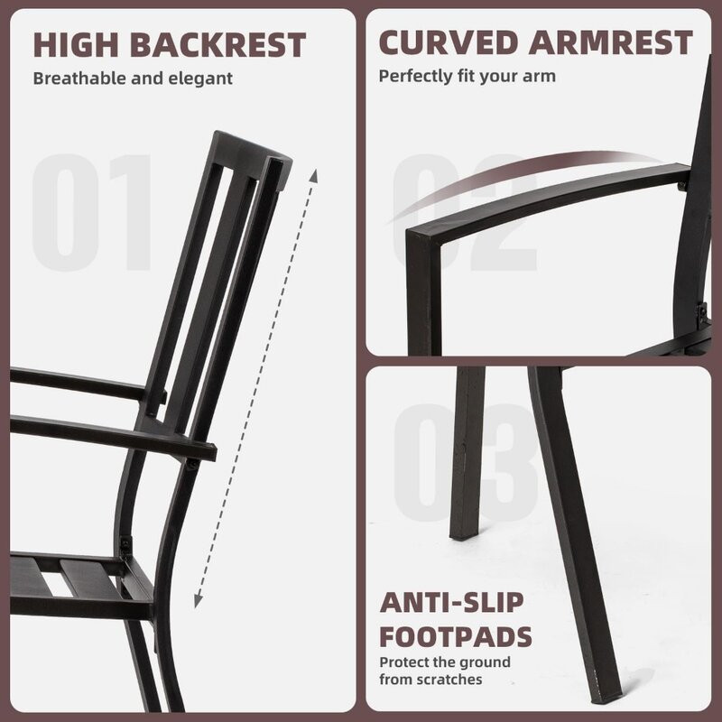 Cadeira de metal ao ar livre com apoio do braço, listra preta, quintal jardim, 325 lbs, conjunto de 2, padrão