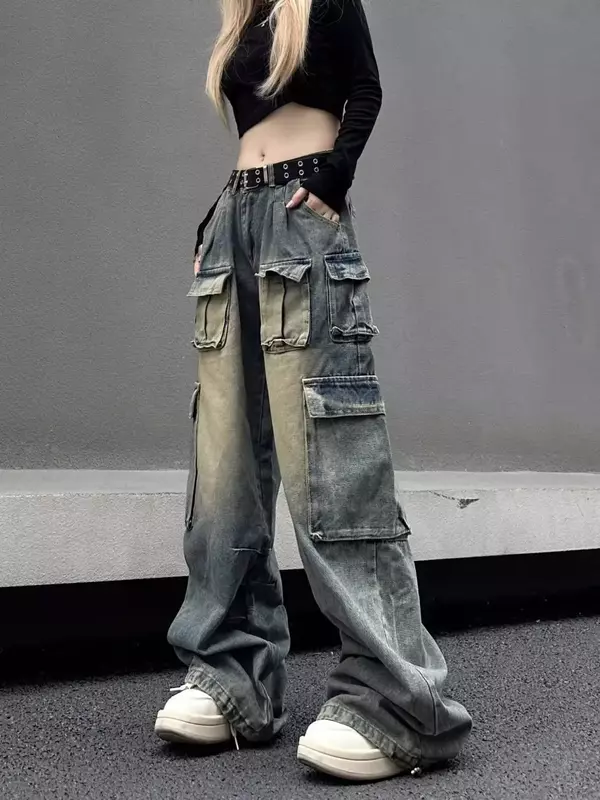 American JC Multi Pocket Style High Taille Riemen Jeans Damen gewaschen weites Bein High Street Baggy Fashion Hosen Jeans y2k