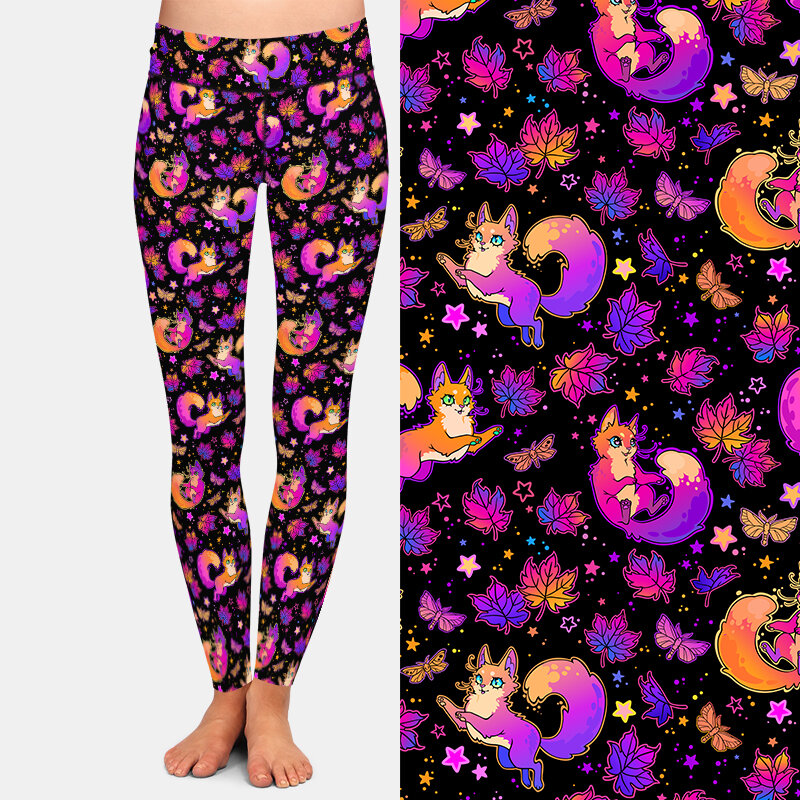 LETSFIND Fashion Women High Waist Pants 3D Cute Fluffy Cats and Autumn Leaves Printing Fitness Elastic Woman's Full Leggings