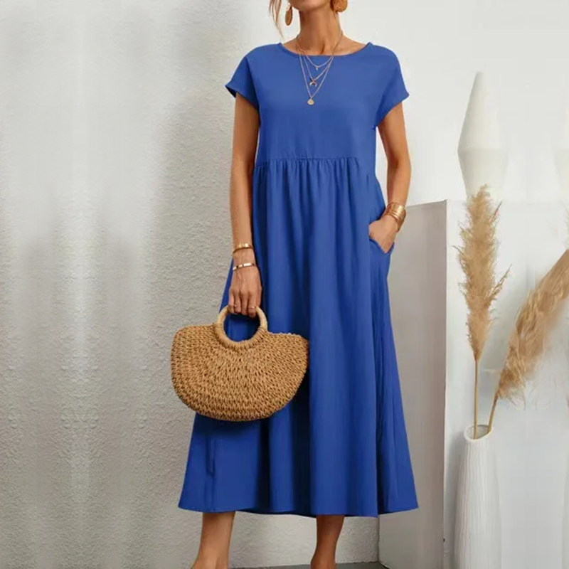 Women's Elegant Solid Color Dress Summer Short Sleeve O-Neck Vintage Harajuku Cotton Linen Comfortable Loose Pocket Long Dress