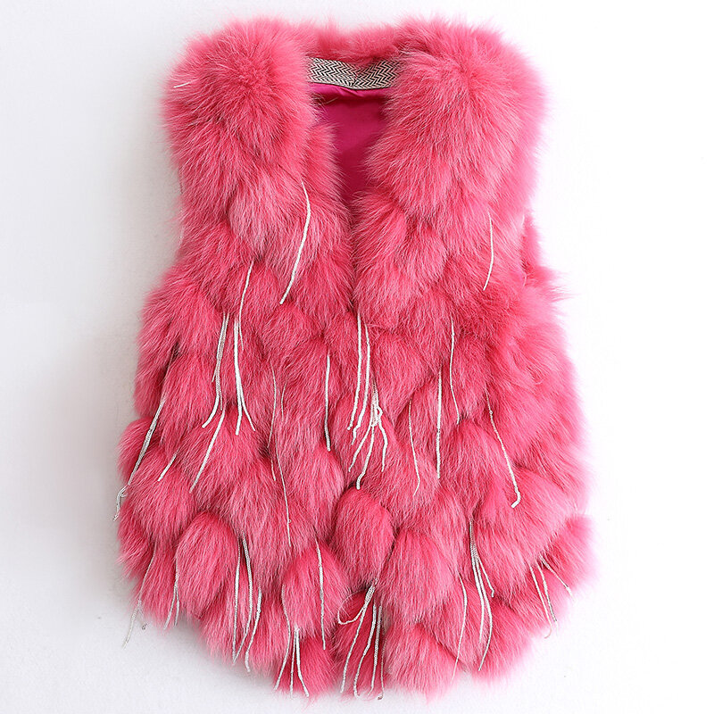 2023 nova moda de luxo real natural genuína pele de raposa colete feminino gilet jaquetas com borla