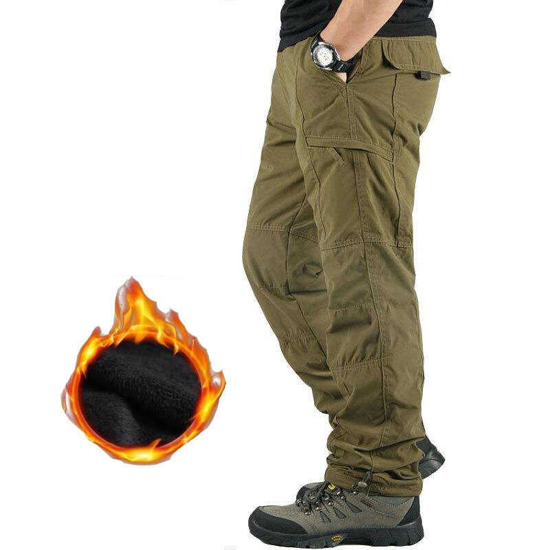 กางเกงคาร์โก้ขนแกะสำหรับผู้ชายกางเกงวอร์มแนวยุทธวิธีทางทหารสำหรับฤดูหนาวกางเกงวิ่งแบบลำลอง3XL สไตล์เกาหลี