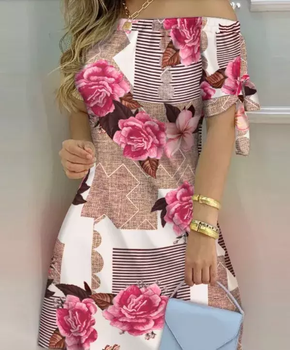 Mini vestido sexy fora do ombro feminino, manga curta, laço, listrado, vestidos com estampa floral, moda solta casual, verão