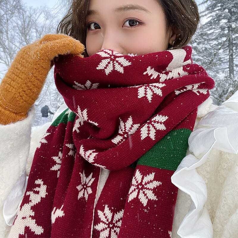 Bufanda de cuello de estilo versatil para mujer, bufanda cálida de color rojo y bufanda de venado, ideal para regalo de Navidad, otoño e invierno, versión coreana
