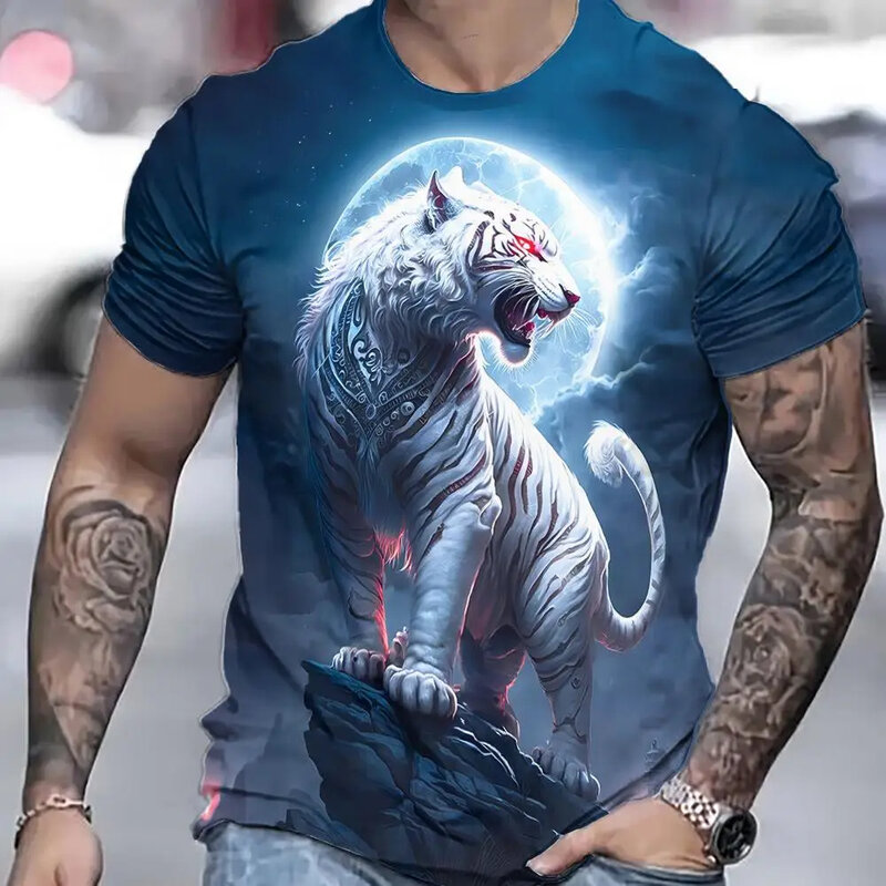 Camiseta de tigre 3D com estampa animal masculina, pulôver de manga curta, roupa casual extragrande, moda masculina, verão