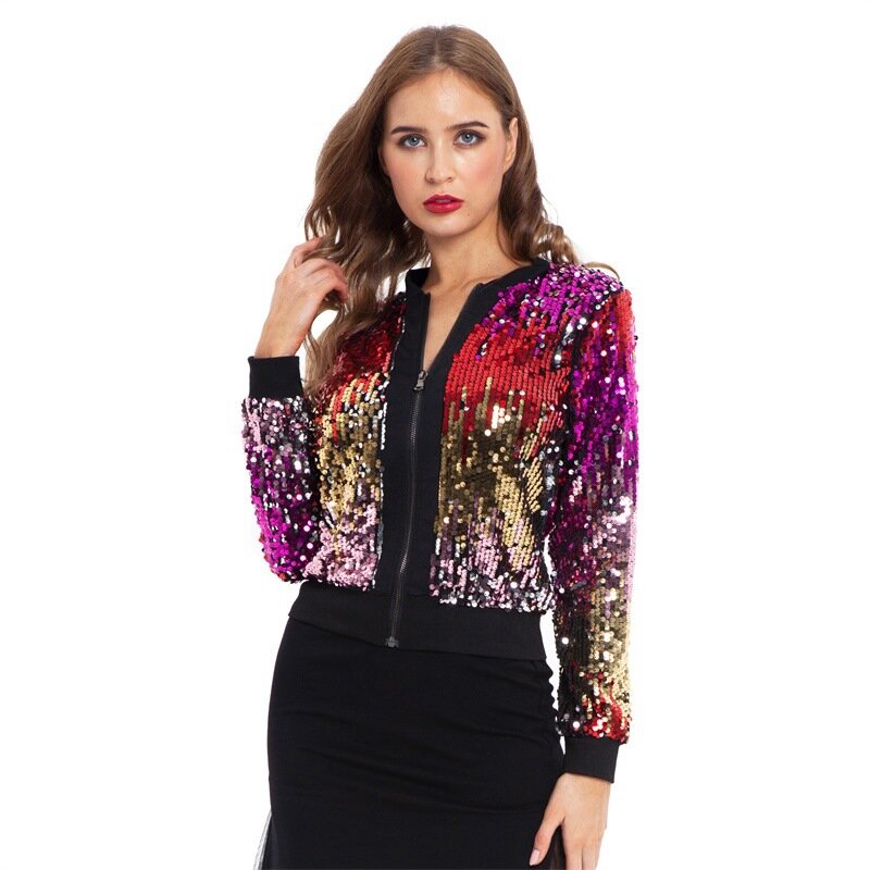 Женская Повседневная куртка с блестками, элегантная блестящая куртка на молнии спереди с градиентом цвета, верхняя одежда, топы, весна 2023