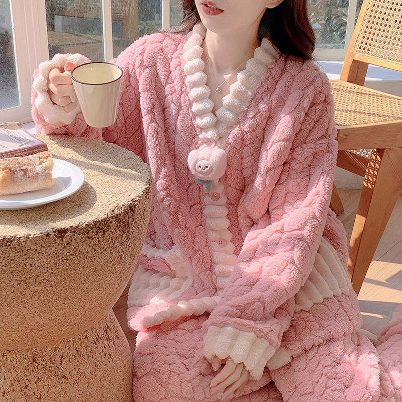 Conjunto de pijama de veludo coral feminino, flanela de pequena fragrância fofa, terno de casa quente, grosso, senhora, outono, inverno