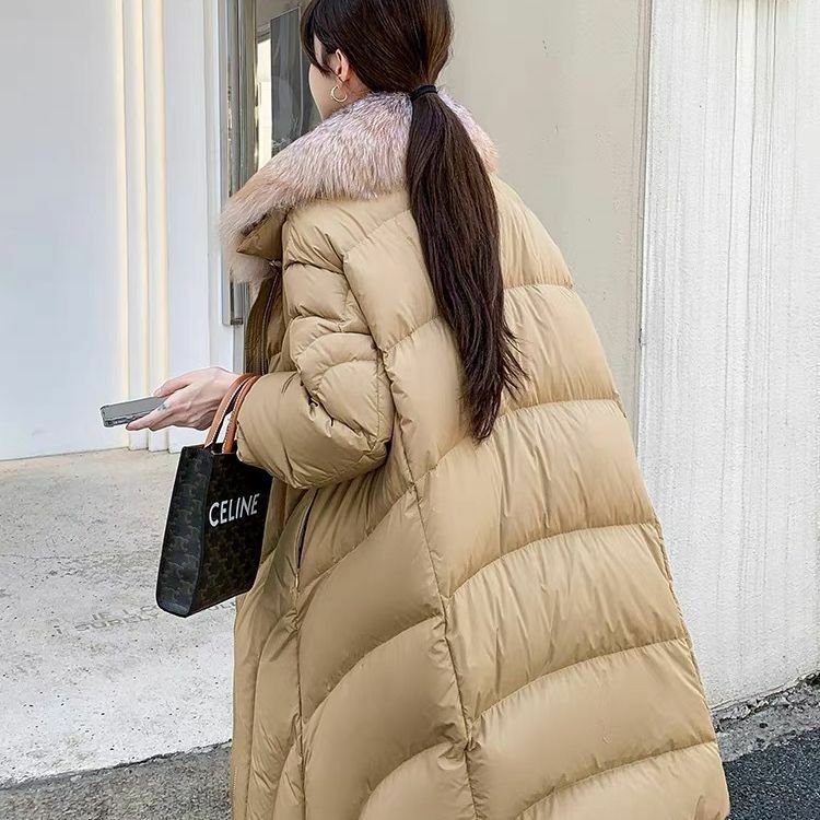 Abrigo largo con cuello de piel de zorro plateado para mujer, chaqueta de plumas de ganso Natural Real, ropa de calle femenina, abrigo de piel de zorro, moda de invierno