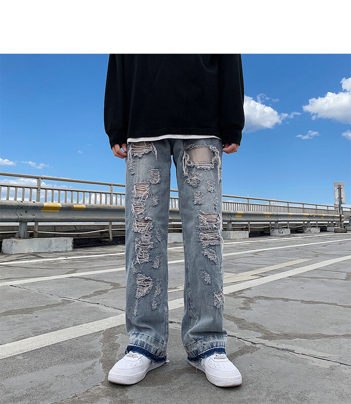 ฤดูใบไม้ผลิฤดูร้อน Jeans Slim Fit สำหรับบุรุษ Streetwear สไตล์เกาหลีแจ็คเก็ตยีนส์ขาด Slim Homme กางเกง Hip Hop กางเกงยีนส์