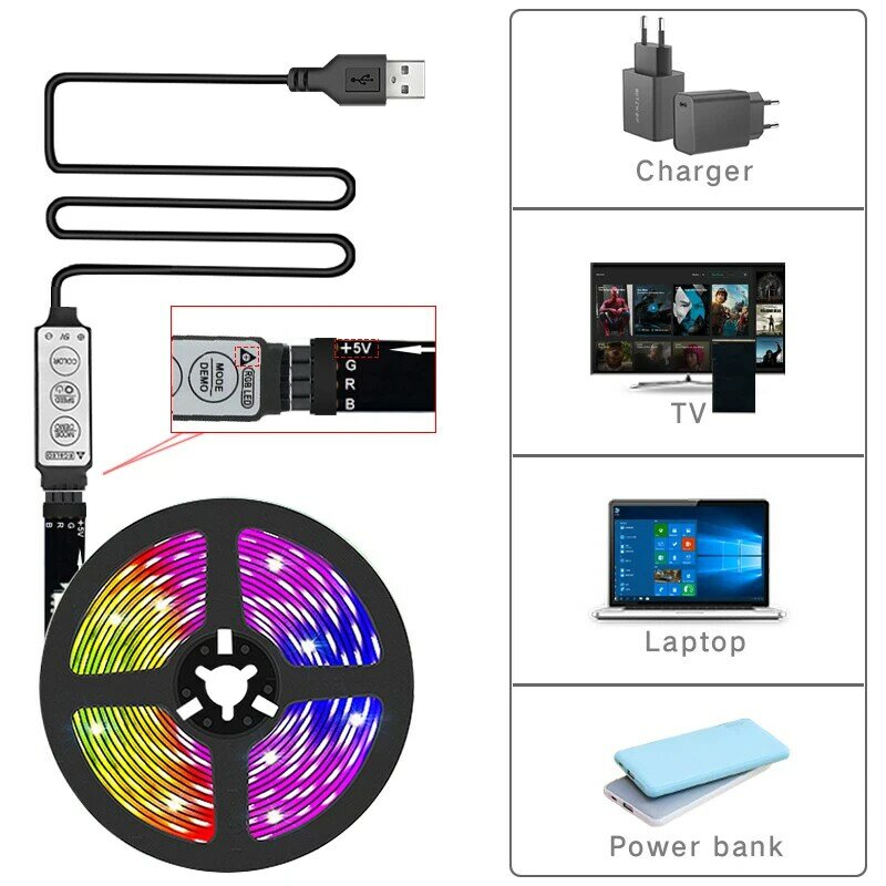 Tira de luces Led RGB 5050 para TV, cinta Flexible con Control de 3 teclas, USB, 5V, para retroiluminación de TV, decoración de fiesta en casa