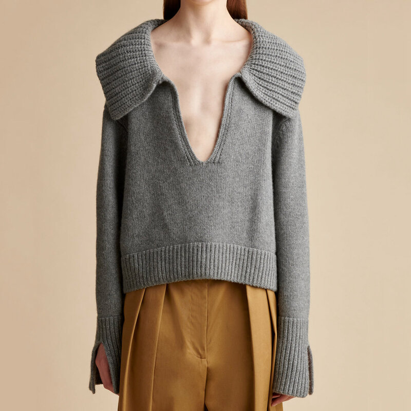 Sweter wol musim semi dan musim gugur wanita, pullover lengan panjang kerah lapel longgar komuter kasual baru