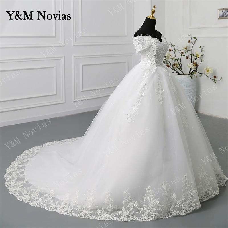 Y & M Novias 오프 숄더 2023 웨딩 드레스, 긴 기차 또는 바닥 적용, 진주 신부 얇은 명주 그물, 플러스 사이즈