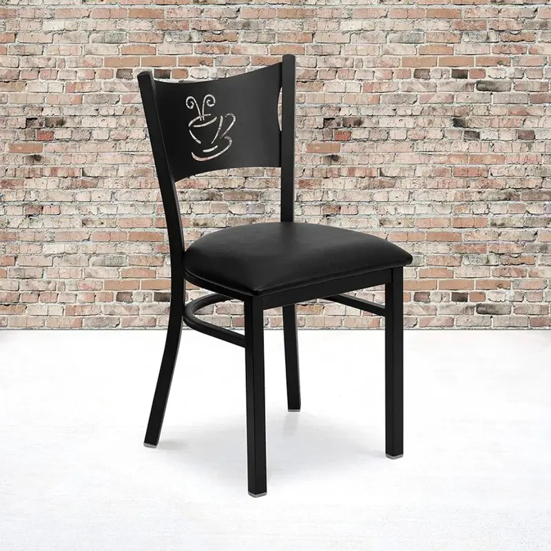 Silla de Metal con respaldo de Café negro, asiento de vinilo negro, sillas de sala de estar, silla de cuero con corteza, muebles de Café de madera, 4 paquetes