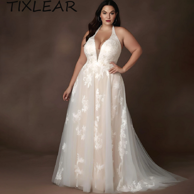 Tixlear-レースのアップリケ,Vネック,セクシーでエレガントなホルタードレス,ラージサイズ,2024のウェディングドレス