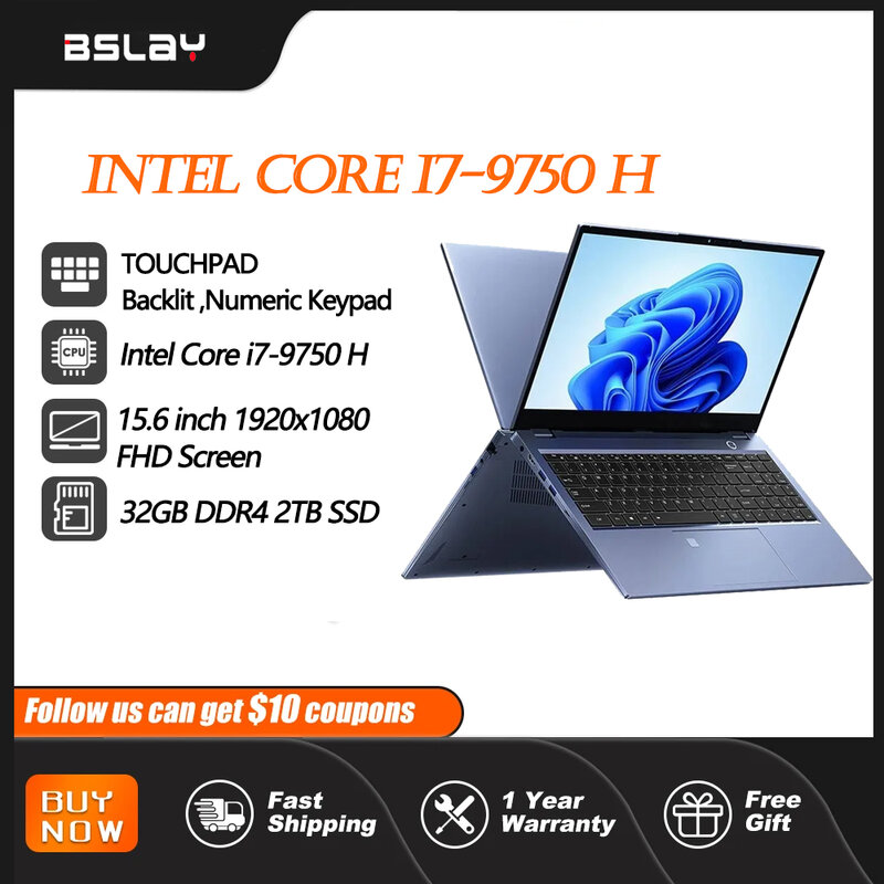 Gaming portátil portátil com desbloqueio de impressão digital, janela 11, 15,6 pol, Intel Core I7-9750H, 32GB DDR4 2TB SSD, câmera HD, WiFI6