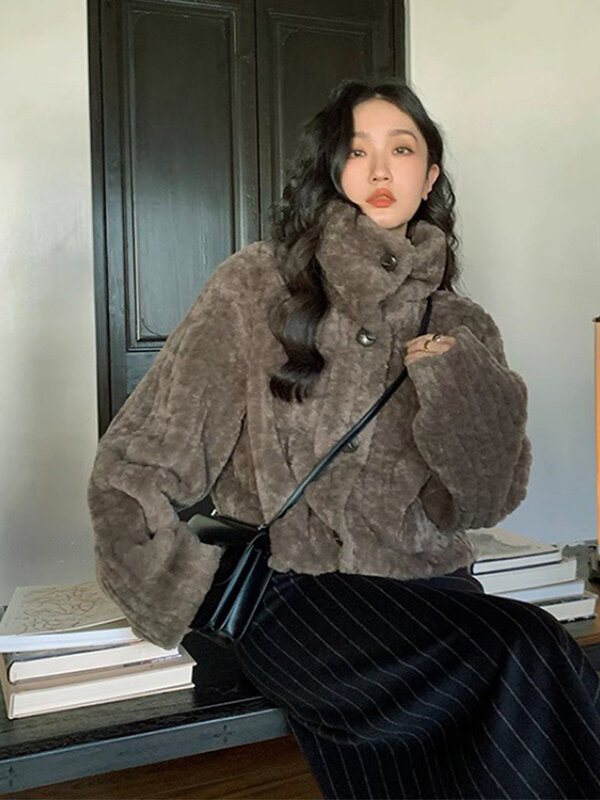 Vintage Cropped Stand Neck Loose Casual Jacket Japanese Streetwear Fashion Y2k Fluffy Coats Aesthetic Grunge Women Chaqueta Coat