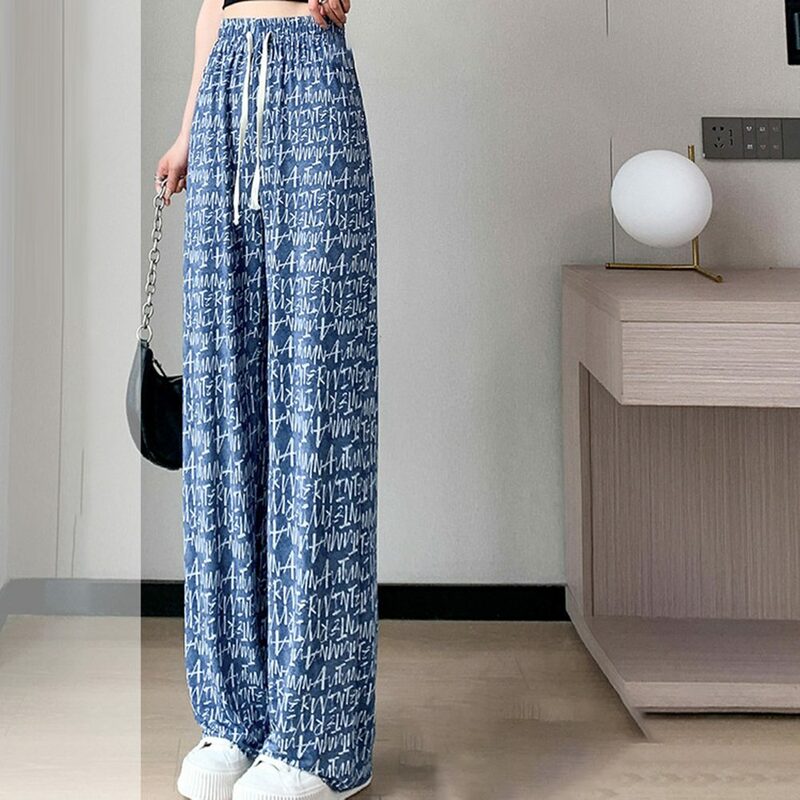 Loose Casual Wide Leg Pants Long Letter Print Trousers Drawstring Mopping Straight Pants Women Spring Summer