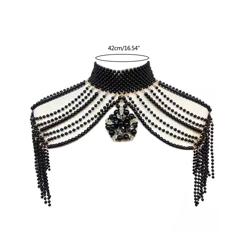 Women Woven Imitation Pearl Beads Necklace High Collar Body Jewelry Bib Pendant Shoulder Chain Wedding Bride Prom Party 449B