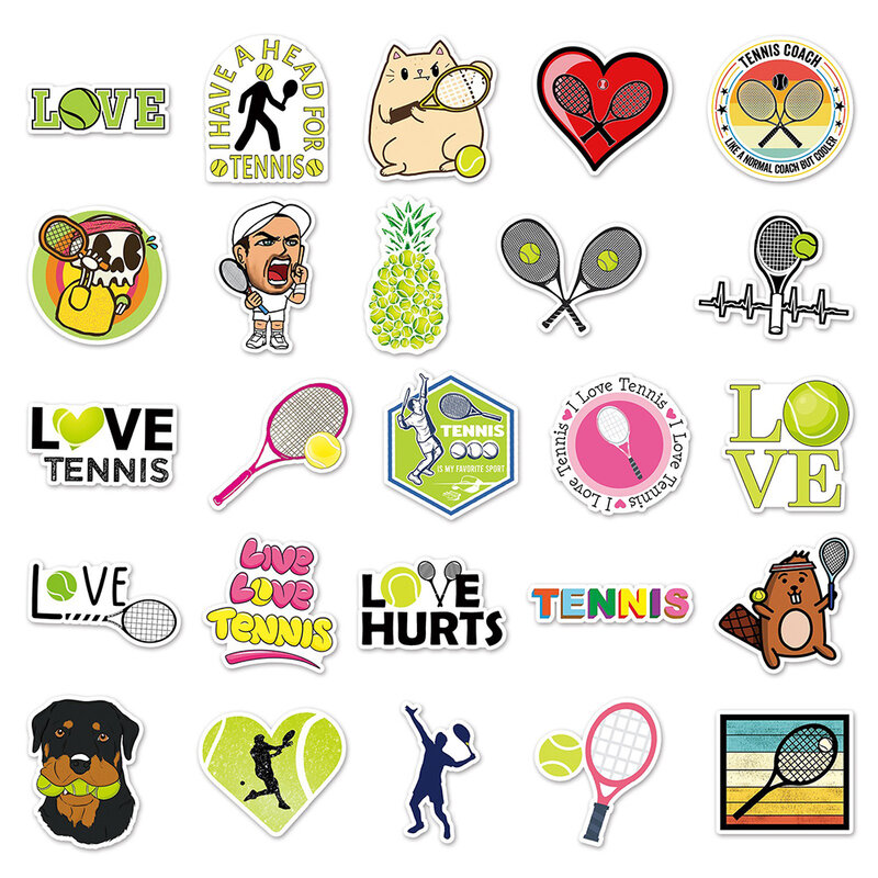 Love Tennis Cartoon Sports Sticker, Graffiti Bagagem de viagem, geladeira, laptop, impermeável, decalque legal, 10 pcs, 30 pcs, 50pcs