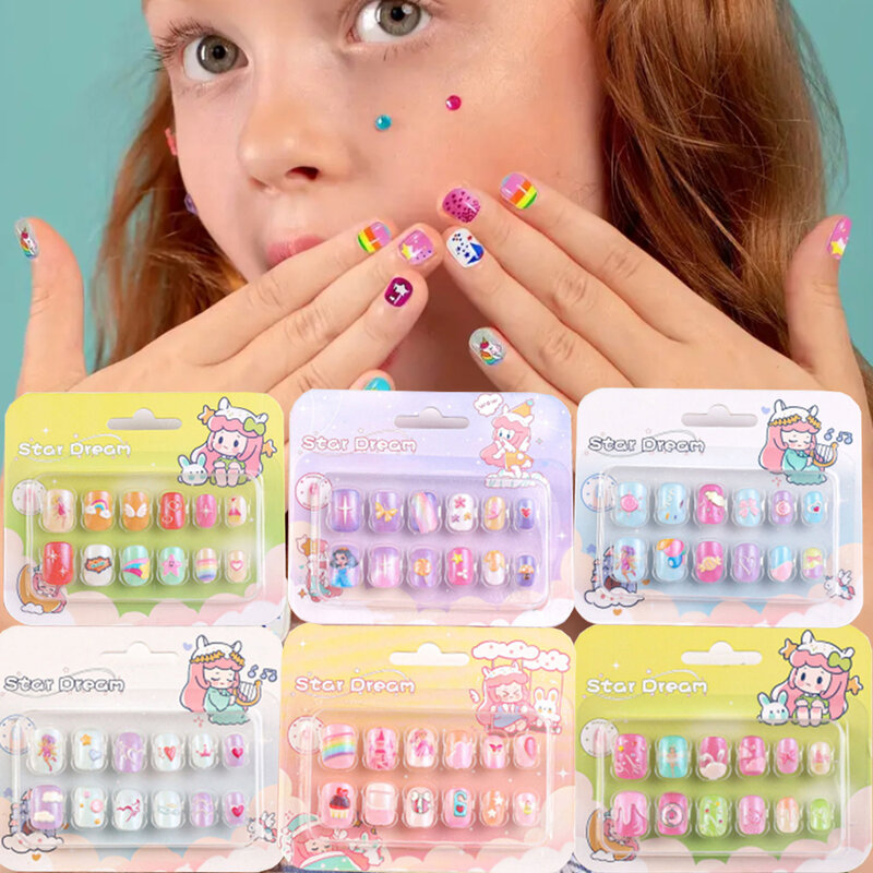 12Pcs Y2K Press on Nails for Kids Girls Full Cover Short Acrylic Nails Tips Cartoon Animal Glitter Colorful Children Fake Nails*