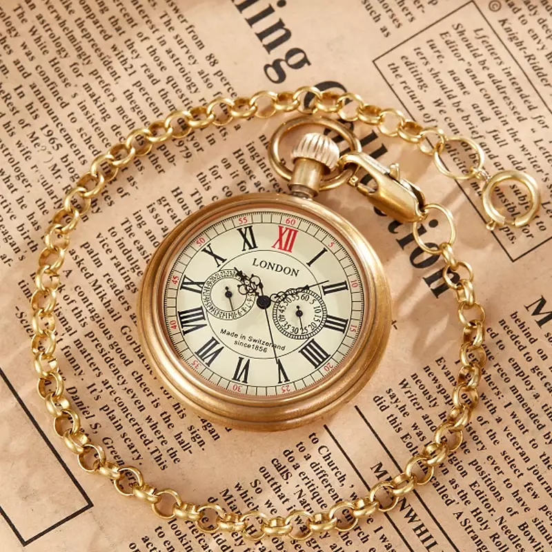 Brązowy zegarek Retro miedź Steampunk mechaniczny zegarek kieszonkowy z metalowym łańcuszkiem zegarek Fob rzymski mechaniczny ręczne nakręcanie