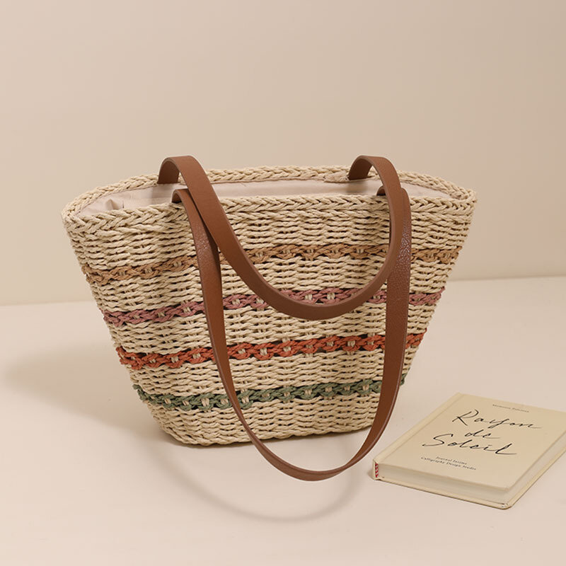 Богемная Плетеная соломенная сумка-тоут, женская сумка из искусственной кожи, Женская Повседневная вместительная роскошная дизайнерская сумка
