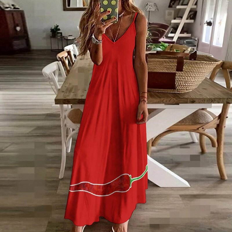 Vestido de verano de lujo para mujer, rojo, pimiento picante, sin mangas, 2023