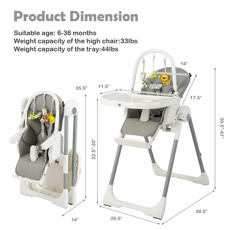 Складной детский высокий стул Babyjoy с 7 регулируемыми высотами и бесплатными игрушками для веселья, серый