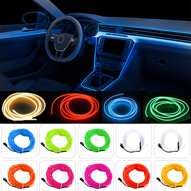 Luces LED interiores de coche con luces de neón flexibles con unidad de cigarrillo USB, luces led de ambiente de estilo caliente, azul hielo, 1M/3M/5M