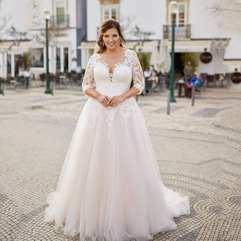 Gaun pernikahan yang indah ukuran plus leher V lengan 3/4 gaun pengantin applique ilusi kereta Tulle A-Line Robe De marifee