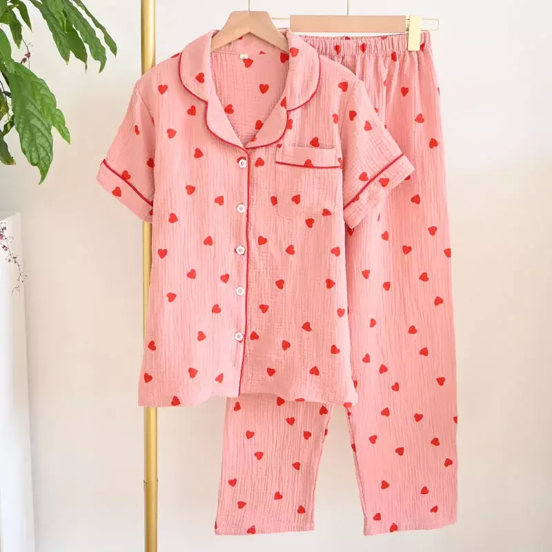 Женский пижамный комплект из двух предметов, воздухопроницаемая мягкая пижама из хлопчатобумажной ткани с принтом сердечек, весна-лето 100%