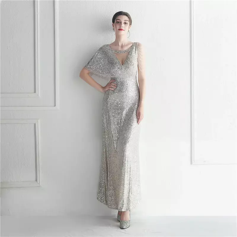 Sladuo-المرأة مثير شفاف Bodycon فستان ماكسي ، فستان حفلة سهرة أنيقة ، الخامس الرقبة ، كم غير متماثل ، ترف