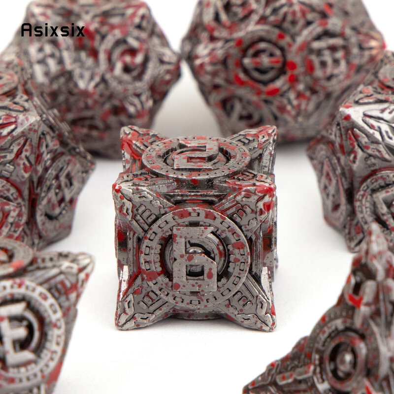 7 Pcs Silver Red Circle Wheel Metal Dice Solid Metal Polyhedral Dice Set Suitable for Role-Playing RPG  Board Game Card Game
