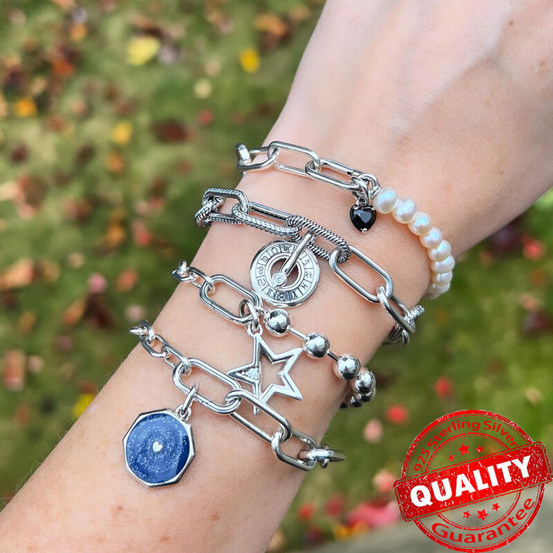 Abalorio de plata de ley 925 de la serie Azul de la galaxia, compatible con pulsera Pandora, amuletos originales de trébol de Corazón Azul, fabricación de cuentas DIY para mujer