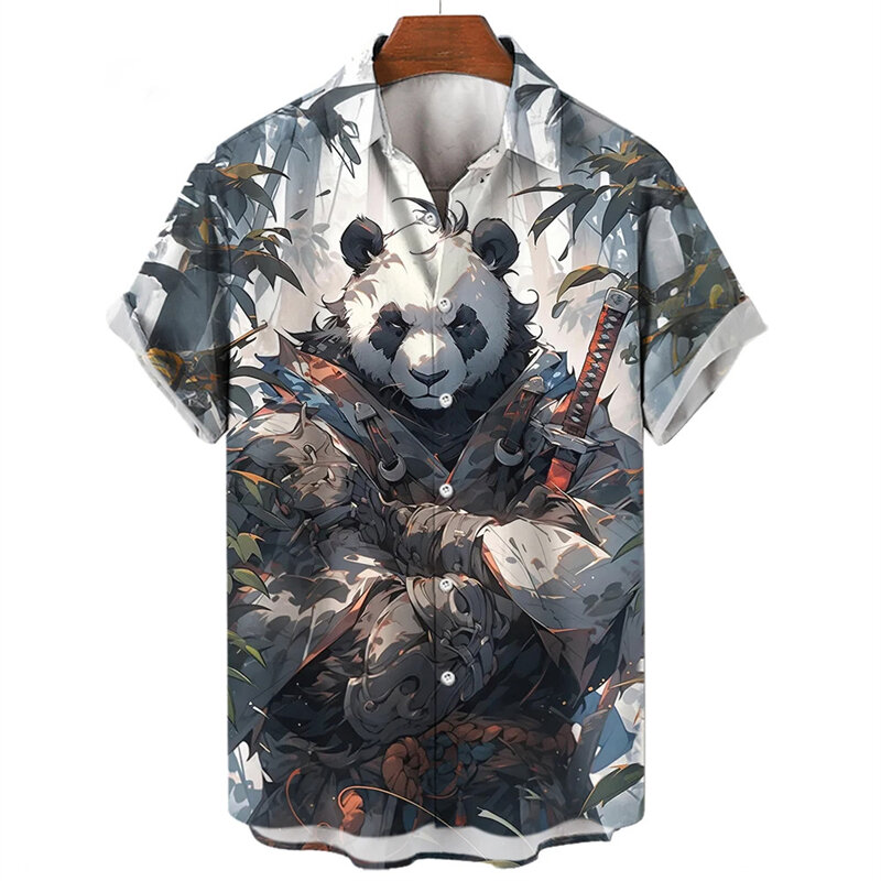 Letnia Panda wojownicza 3D koszule z nadrukiem męska modna koszula z krótkim rękawem Casual koszule plażowe jednorzędowa koszula odzież męska