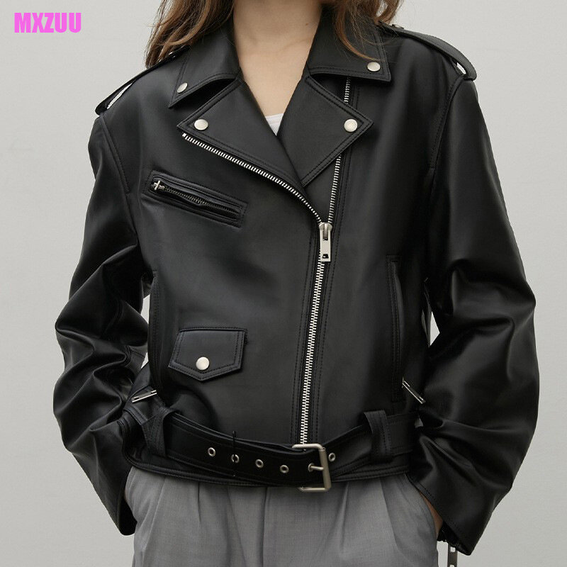 Leather Jackets Woman European and American Style Loose Profile Epaulettes Motorcycle Short Belt Zipper Sheepskin Coat Sobretudo