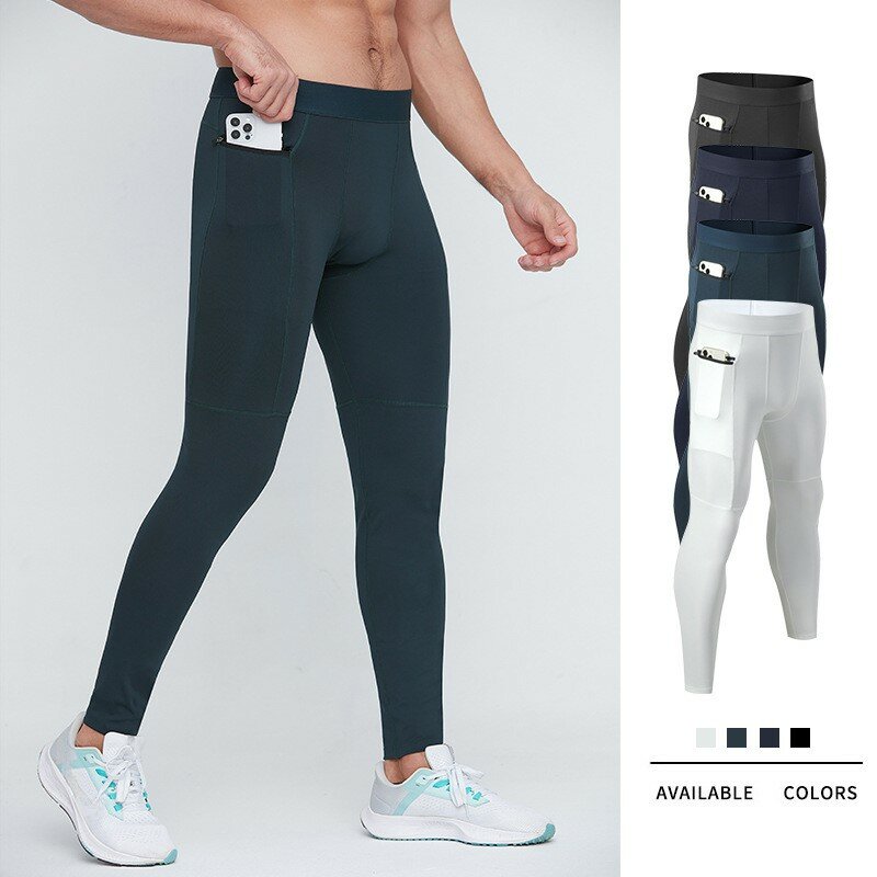 Men Sports Compression Pants Running Leggings Quick Dry Fitness Gym Tights Workout Training Trousers Sport Zipper Pocket Pant
