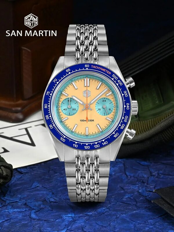San Martin-Quartz cronógrafo relógio para homens, design original, esportes negócios relógios, impermeável 100m, SN0116, VK64, novo, 39,5 milímetros