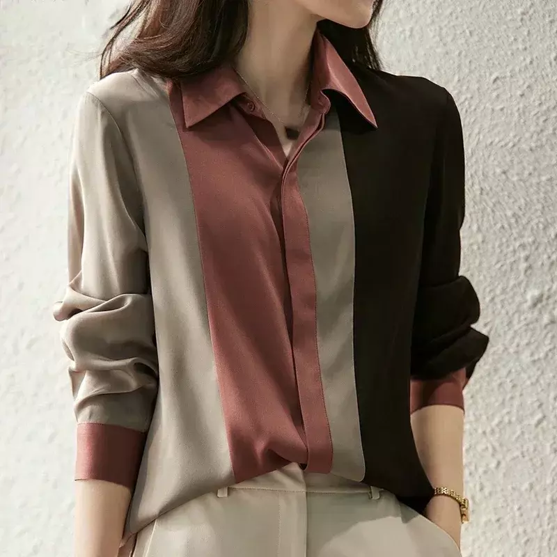 Blusa elegante de manga comprida feminina, nova moda, ajuste solto, botão para cima, gola virada para baixo, roupa de senhora, top primavera, 18146