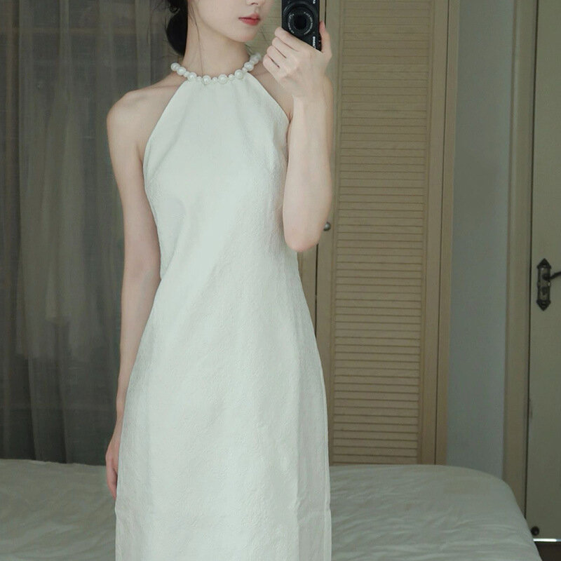 ETESANSFIN, новинка 2023, женское элегантное облегающее вечернее платье с жемчужинами и лямкой через шею без рукавов с талией