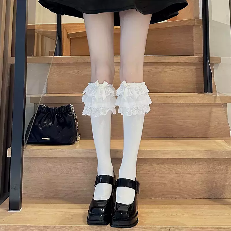 Chaussettes longues à volants Lolita Kawaii pour femmes, bas, nœud mignon, doux, filles, genou, style japonais, noir, blanc