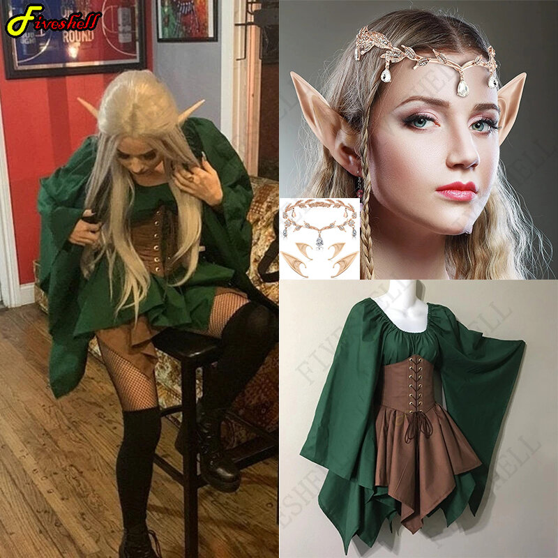 Mulheres Adultas S-5XL Élfica Elfo de Fadas Costume Rapariga Celtic Medieval Vestido de Princesa Lace Up Cintura Cincher Corset Set Irregulares Vestidos