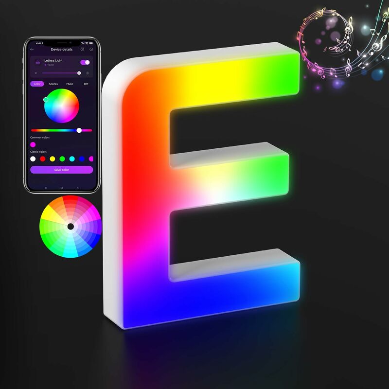 LED 맞춤 접합 다채로운 반짝이 알파벳 음악 동기화, 크리에이티브 게임방 바 침실 야간 조명, 글자 E