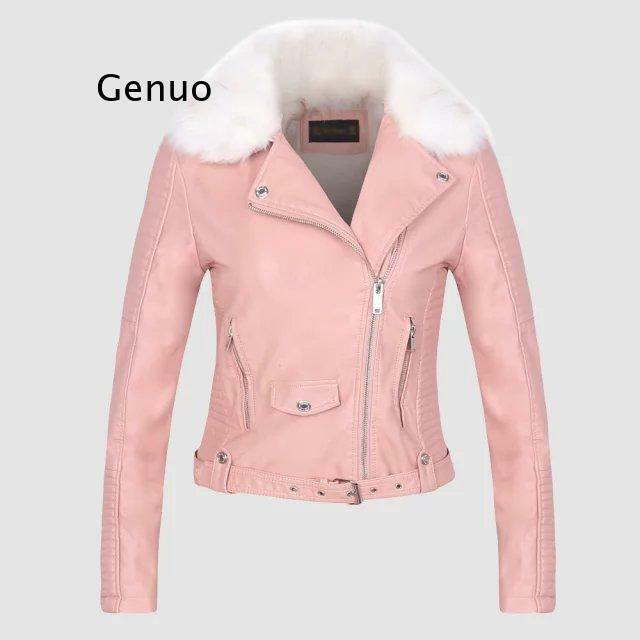 Chaquetas cálidas de piel sintética para mujer, abrigos con cinturón y cuello de piel, color negro y rosa, para motociclista