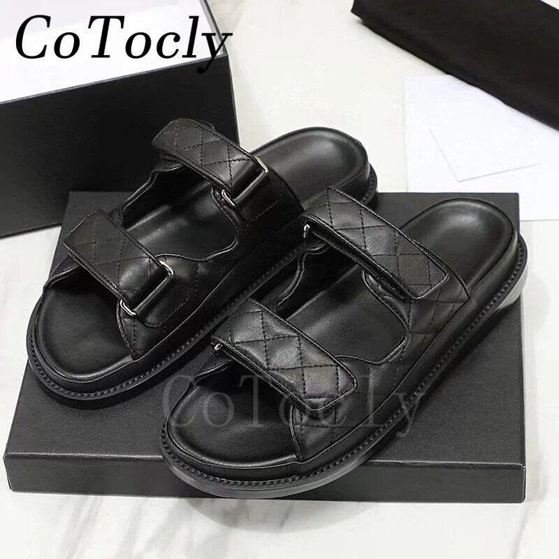 2024 New Sandals Women Genuine Leather Flat Shoes Peep Toe Casual Holiday Beach Shoes Hook Loop Comfort Summer Slippers Woman