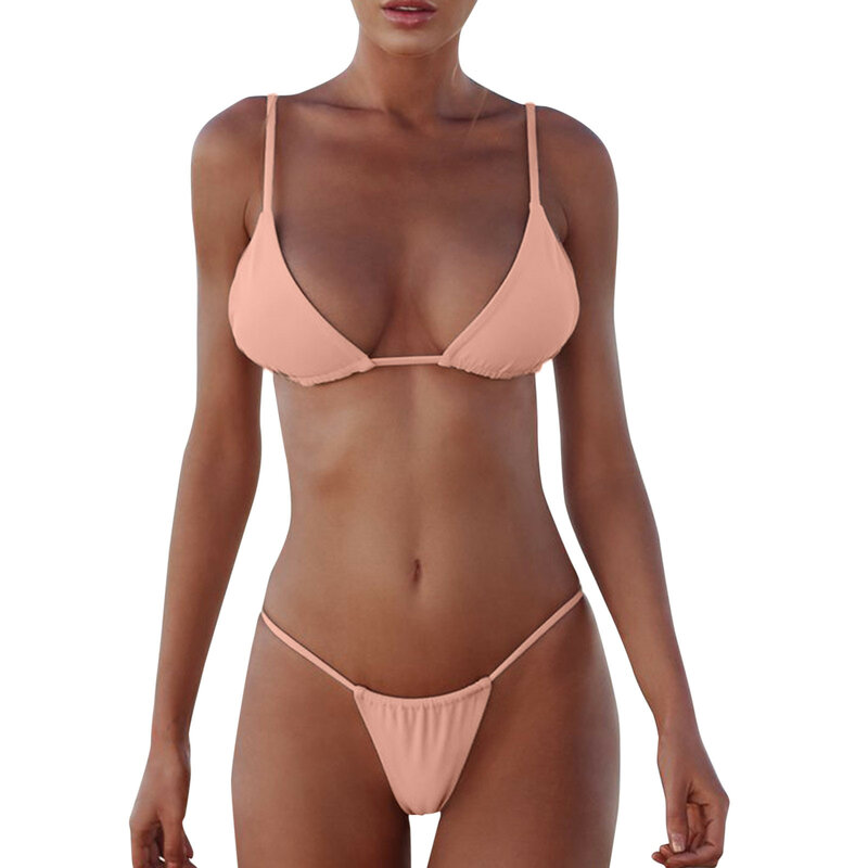 Conjunto de Bikini unicolor para mujer, bañador Sexy de realce, traje de baño brasileño de cintura baja, Bikini Halter de dos piezas, ropa de playa 2024