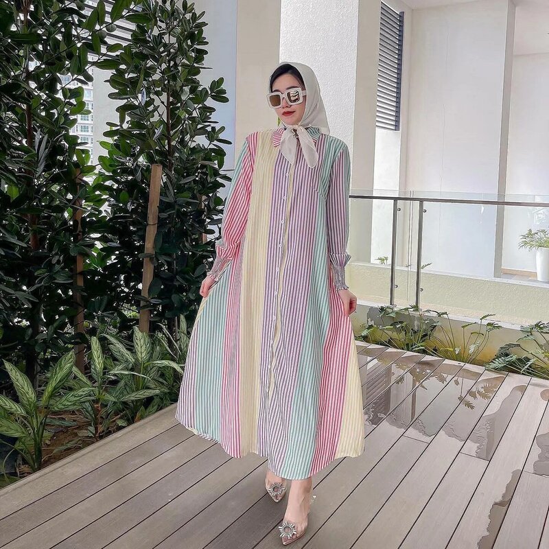 Moslim Luxe En Mode Marokkaanse Jurk Dames Lange Rok Met Revers Strepen Shirt Lange Rok Midden-Oosten Dubai Arabische Jurk