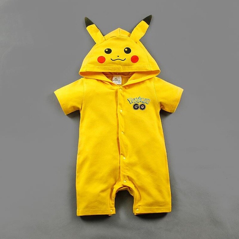0-1 Years Old Baby Clothes Short Sleeve Hooded Pokémon Cartoon Character Pikachued Pattern Baby Clothes Summer Cool Jumpsuit